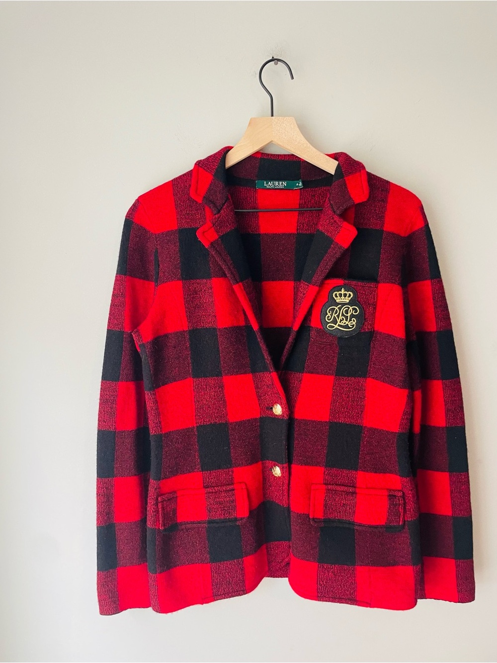 Lauren Ralph Lauren Red & Black Buffalo Plaid Wool Knit Rugby Blazer
